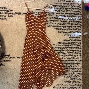 Rust colored white polka dot dress from LULUS